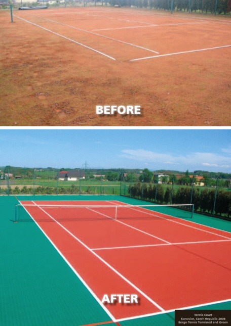 Tennisplatz Sanierung mit Bergo Tennis System vorher - nachher